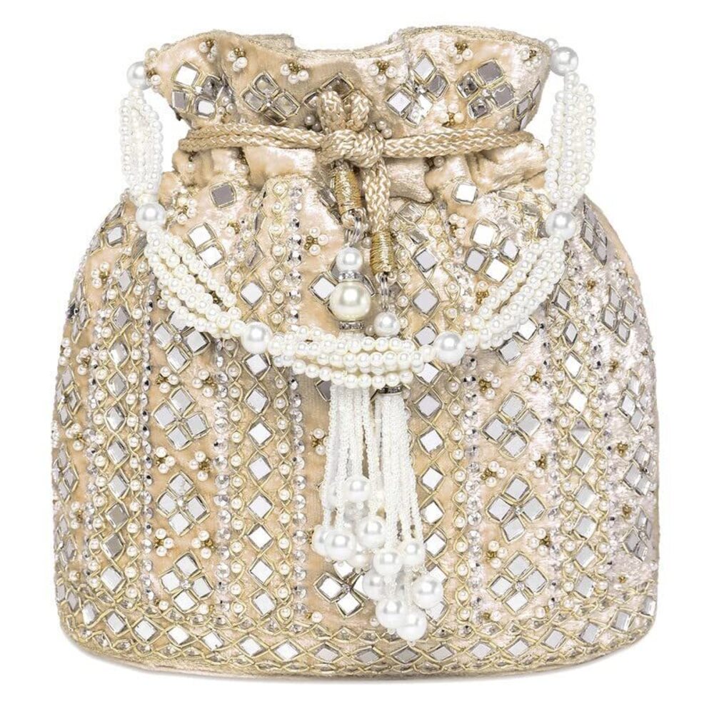 8032 Cream Potli Purses Gift Handmade Evening Handbag Stylish Bridal